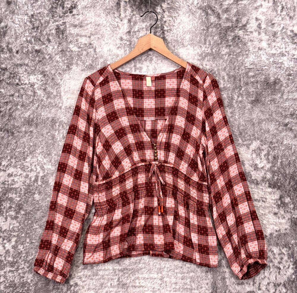 Anthropologie Top Medium Womens Pilcro Sashiko Flannel Check Baby Doll